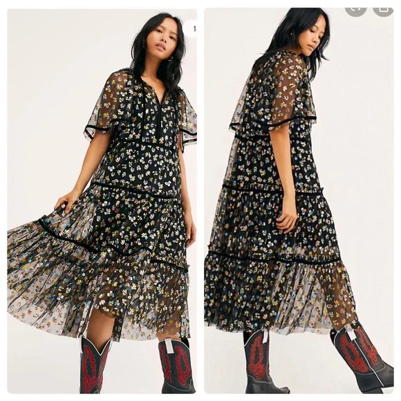 Free People | Dresses | Nwt Free People Practical Magic Floral Print Mesh Midi  Dress Xs Black | Poshmark